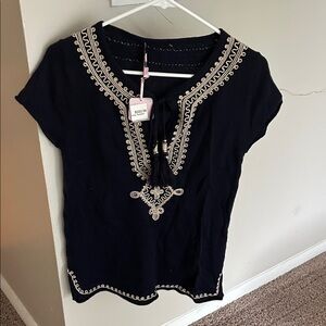 Calypso St. Barth Black Blouse with Cream Embroidery